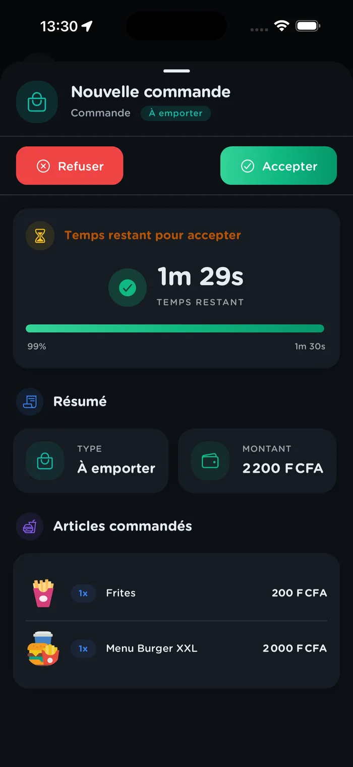 Réception d’une nouvelle commande avec le résumé des articles et le temps restant pour accepter